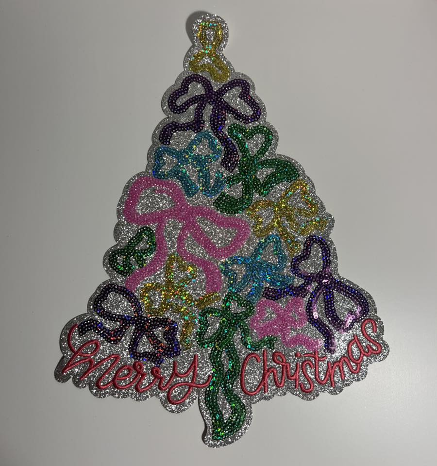 Merry Christmas Bow Tree Sequin Iron-On Patch – Colorful Holiday Tree Appliqué for Shirts & Bags