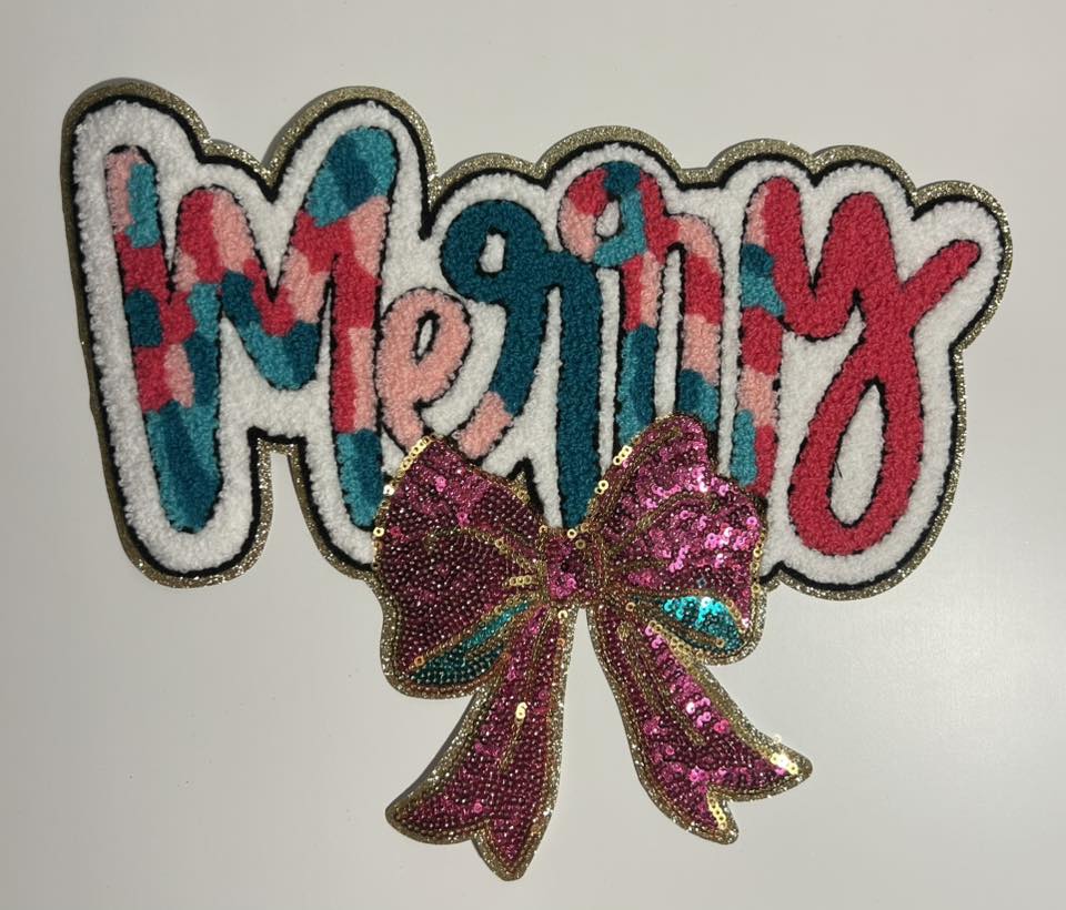 Merry Sequin Bow Iron-On Patch – Plaid Holiday Letter Appliqué for Shirts, Sweatshirts & Bags