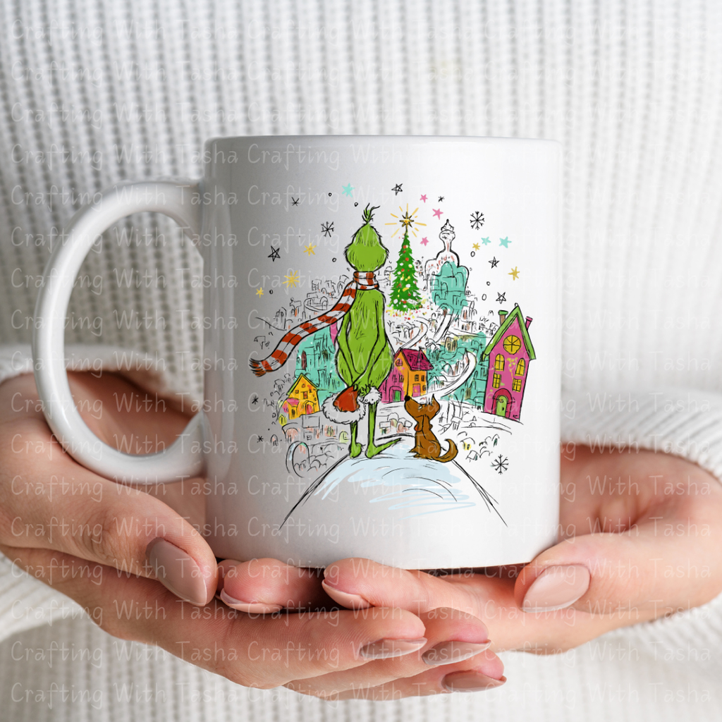 Green Christmas Character and Dog Overlooking Holiday Town Design – Customizable DTF Transfer, T-Shirt, Crew Neck, Hoodie, or Cup Transfer
