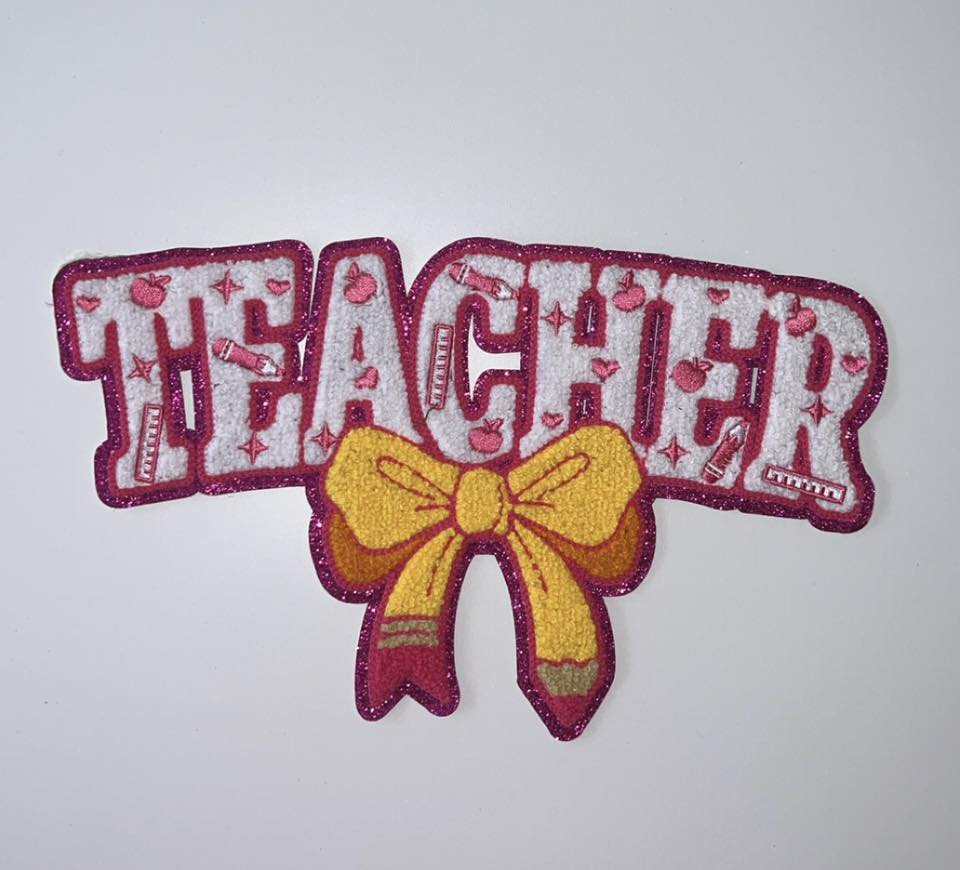 Teacher Chenille Patch with Bow | Sequin School-Themed Applique | Teacher Gift Patch for Apparel & Accessories