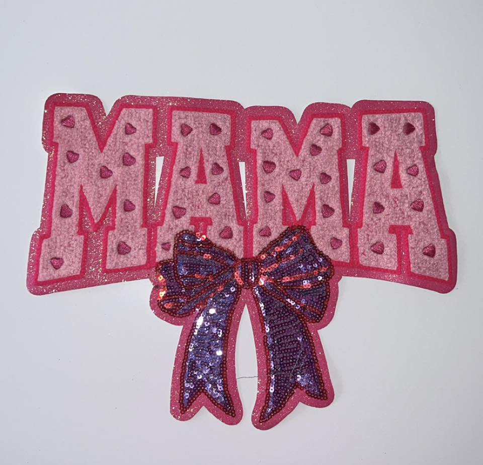 Mama Chenille Patch with Sequin Bow | Pink Textured Applique for Apparel & Bags