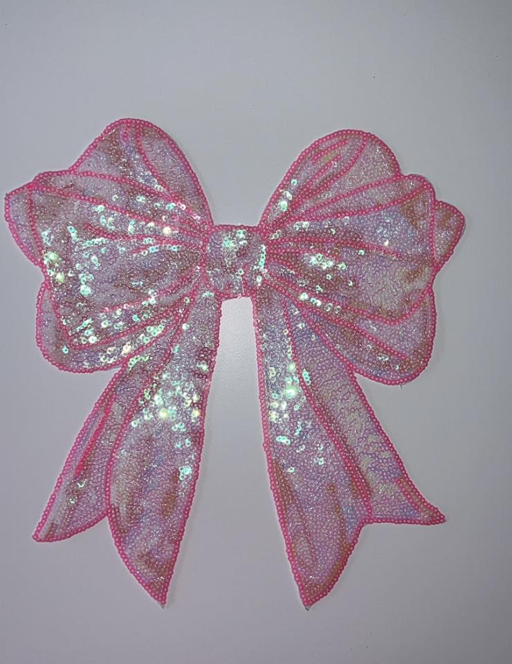 Pink Iridescent Sequin Bow Iron-On Patch – Glitter Ribbon Appliqué for Shirts, Jackets & Bags