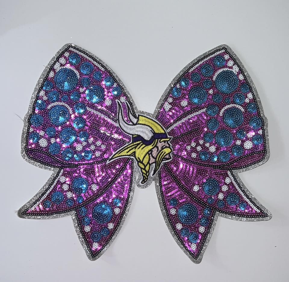 Purple & Teal Sequin Bow Patch with Norse Warrior Emblem | Statement Chenille Applique