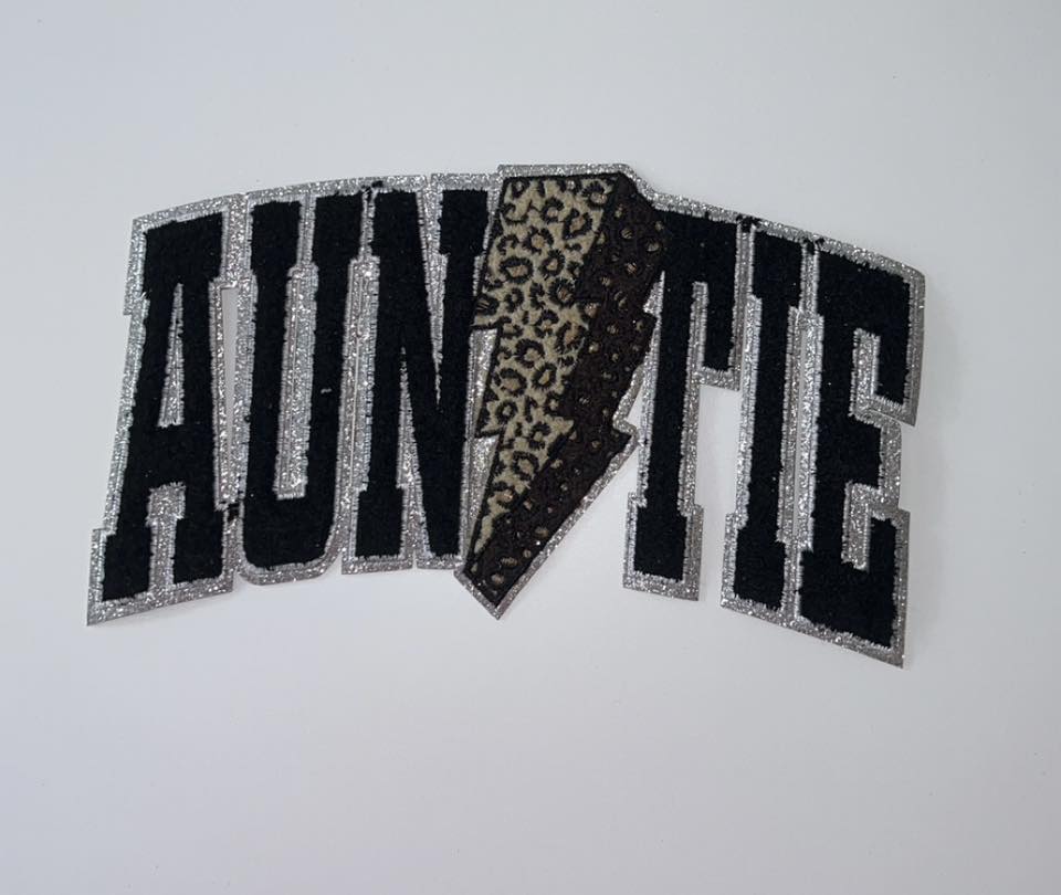 Auntie Chenille Patch | Leopard Lightning Accent Glitter Appliqué