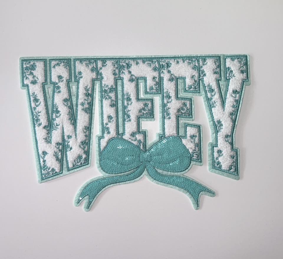 Wifey Chenille Patch with Teal Bow | Floral Textured Applique for Sweatshirts & Jackets