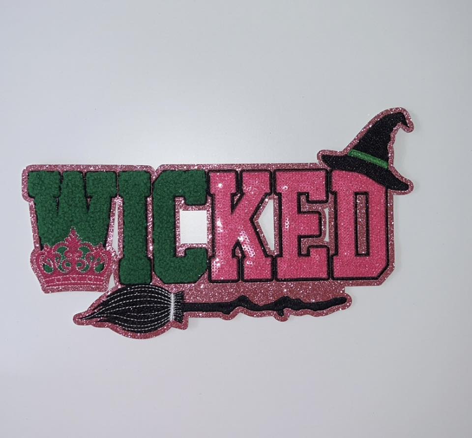 Pink & Green Wicked-Style Witch Patch | Cute Witch Hat & Broom Applique | Spooky Season Chenille Patch | Fall Halloween Decor Patch