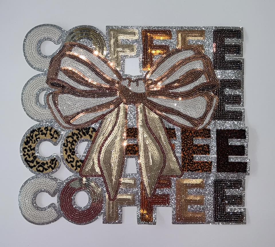 Coffee Chenille Patch with Bow | Sparkle Coffee Applique | Boutique Apparel Patch