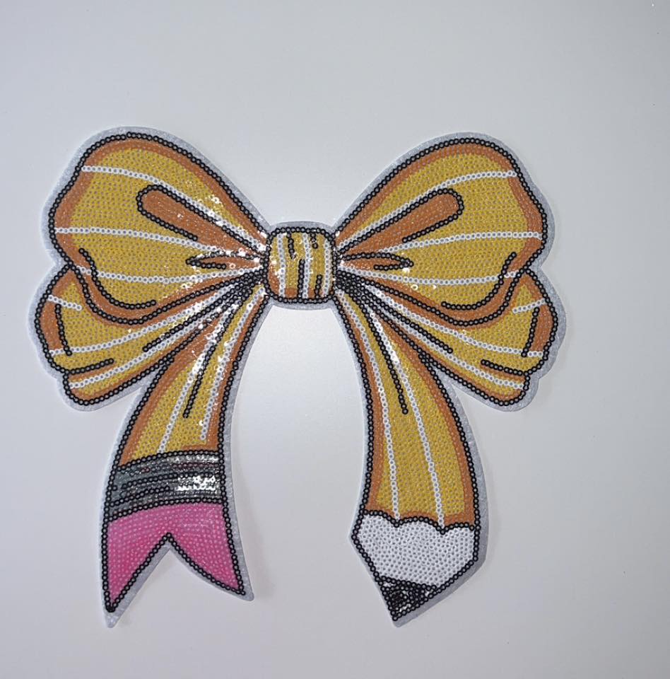Pencil Bow Chenille Patch | Sequin Pencil Applique | Teacher & School Theme Iron-On Patch