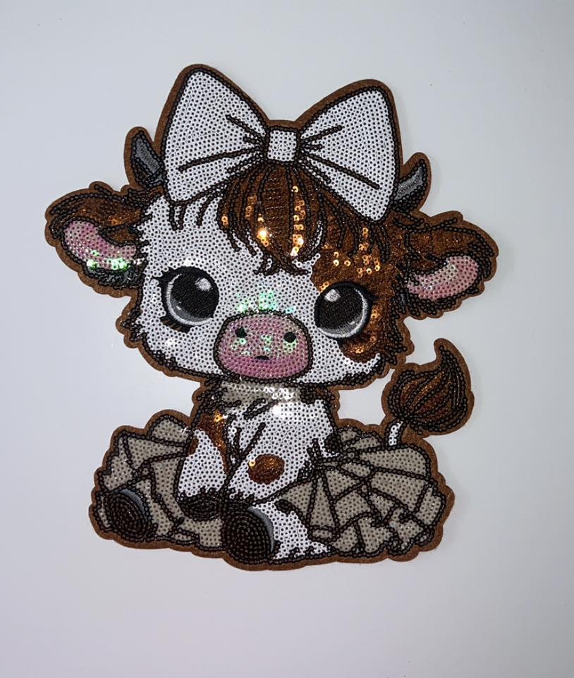 Cute Cow Sequin Iron-On Patch – Bow Farm Animal Appliqué for Shirts, Jackets & Bags