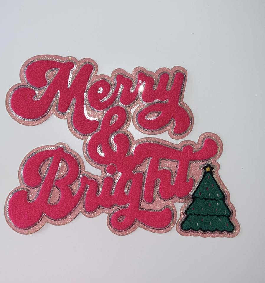 Merry & Bright Chenille Iron-On Patch – Pink Holiday Script Appliqué for Shirts & Bags
