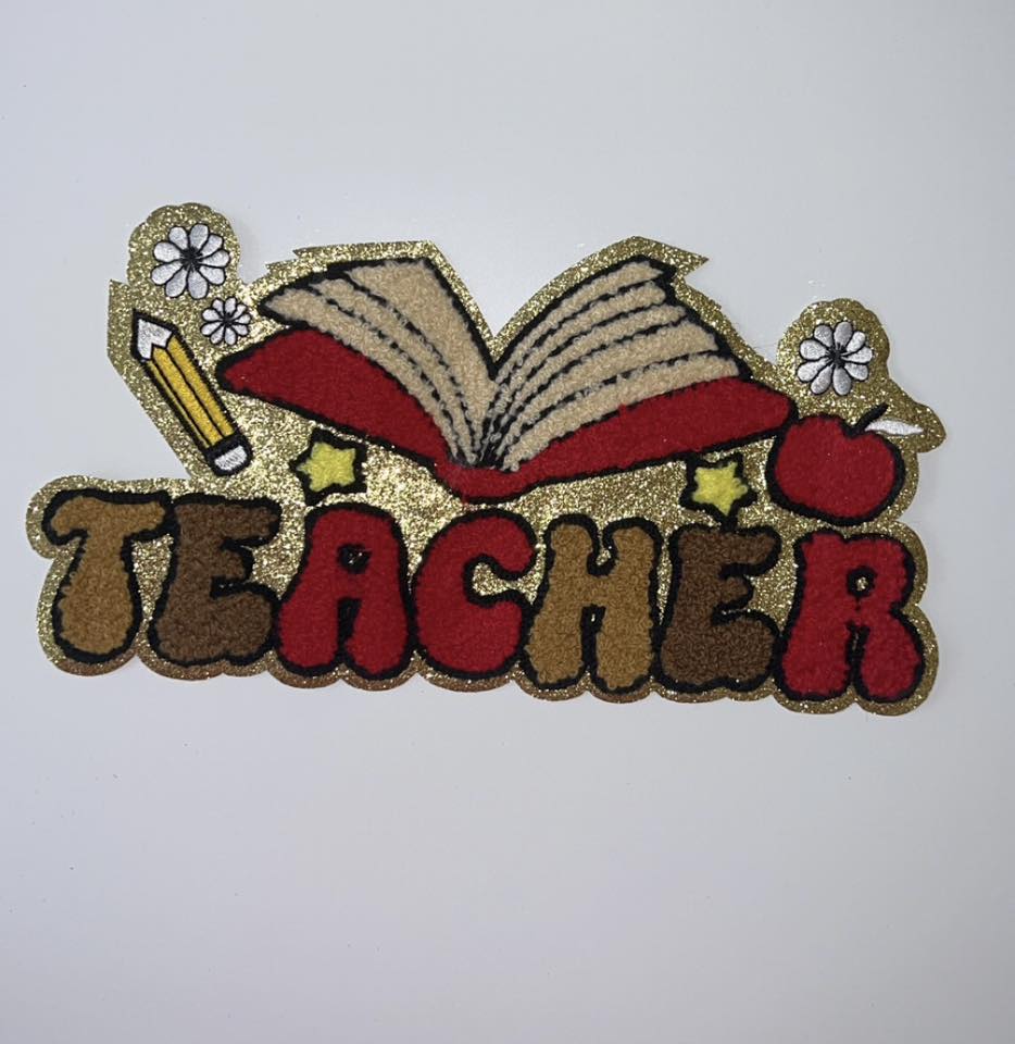 Teacher Chenille Patch with Book, Pencil & Apple | Sequin Teacher Applique | Back to School Teacher Gift Patch