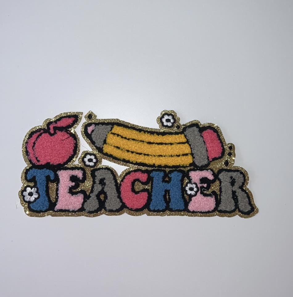 Teacher Chenille Patch with Pencil & Apple | Sequin School Applique | Teacher Gift Patch for Apparel & Bags