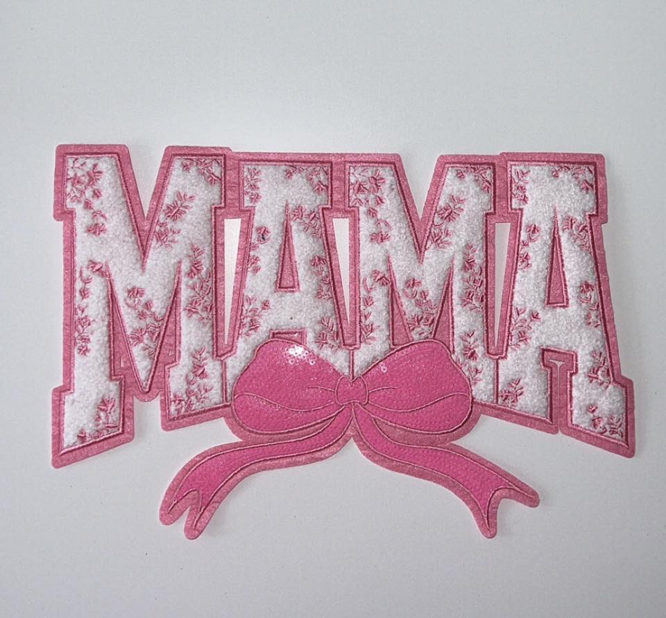 Mama Chenille Patch with Bow | Pink Textured Applique for Sweatshirts & Jackets