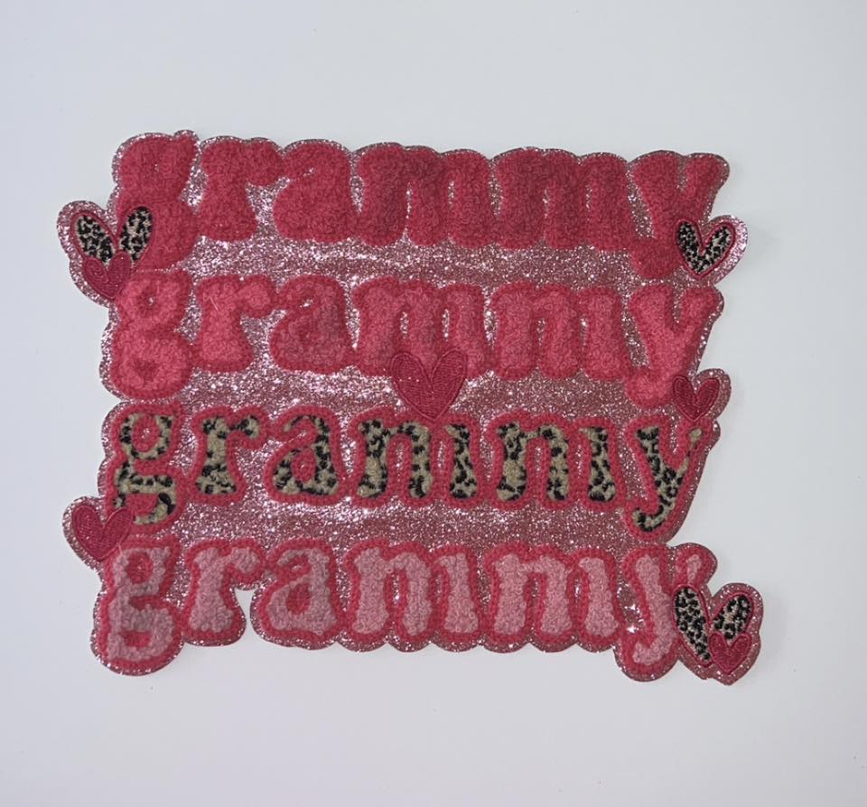Grammy Chenille Patch with Leopard Accents | Textured Pink Applique for Apparel & Bags