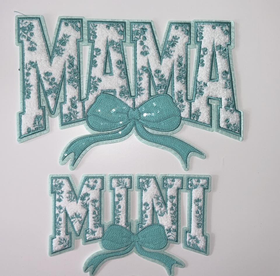 Mama & Mini Chenille Patch Set with Bows | Teal Floral Textured Applique for Matching Outfits