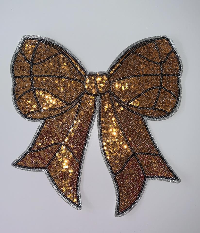 Bronze Sequin Bow Iron-On Patch – Glitter Ribbon Appliqué for Shirts, Jackets & Bags