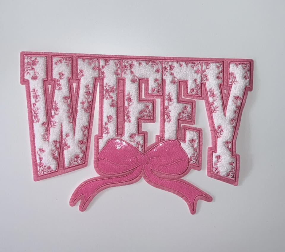 Wifey Chenille Patch with pink Bow | Floral Textured Applique for Sweatshirts & Jackets (Copy)