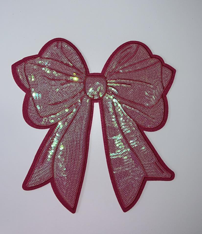 Red Sequin Bow Iron-On Patch – Glitter Holiday Ribbon Appliqué for Shirts, Jackets & Bags