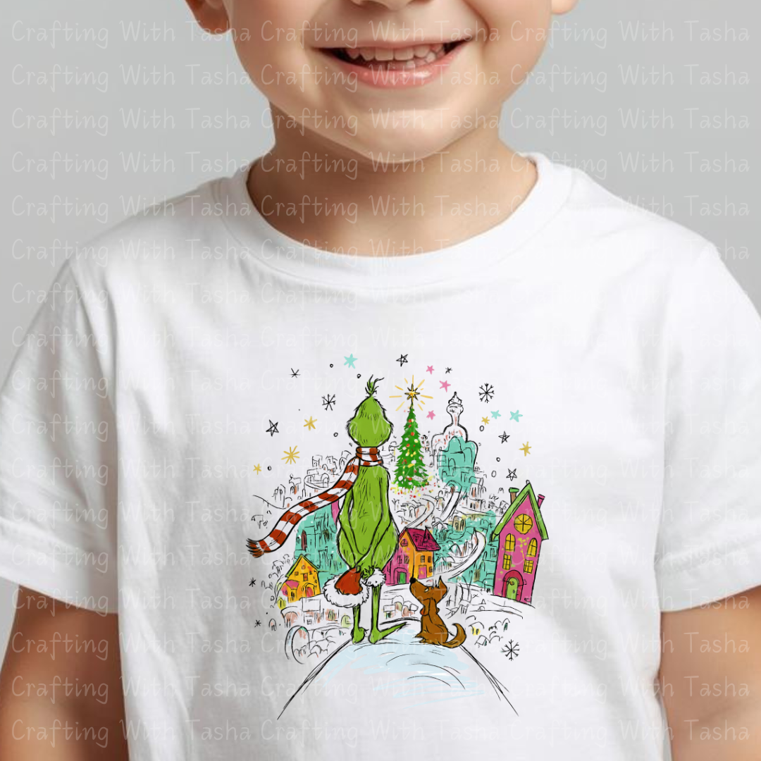 Green Christmas Character and Dog Overlooking Holiday Town Design – Customizable DTF Transfer, T-Shirt, Crew Neck, Hoodie, or Cup Transfer