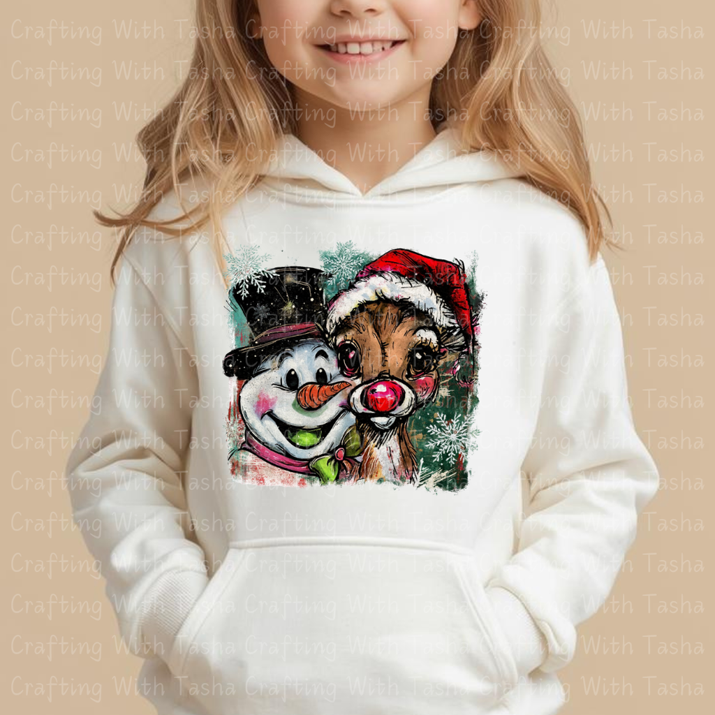 Vintage Frosty and Rudolph Christmas Design – Customizable DTF Transfer, T-Shirt, Crew Neck, Hoodie, or Cup Transfer