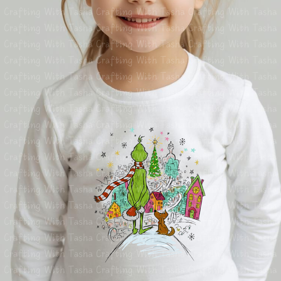 Green Christmas Character and Dog Overlooking Holiday Town Design – Customizable DTF Transfer, T-Shirt, Crew Neck, Hoodie, or Cup Transfer