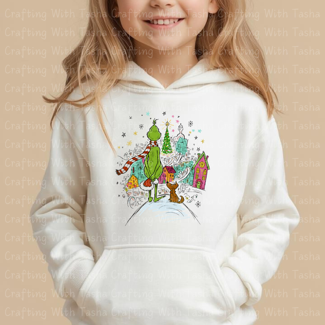 Green Christmas Character and Dog Overlooking Holiday Town Design – Customizable DTF Transfer, T-Shirt, Crew Neck, Hoodie, or Cup Transfer