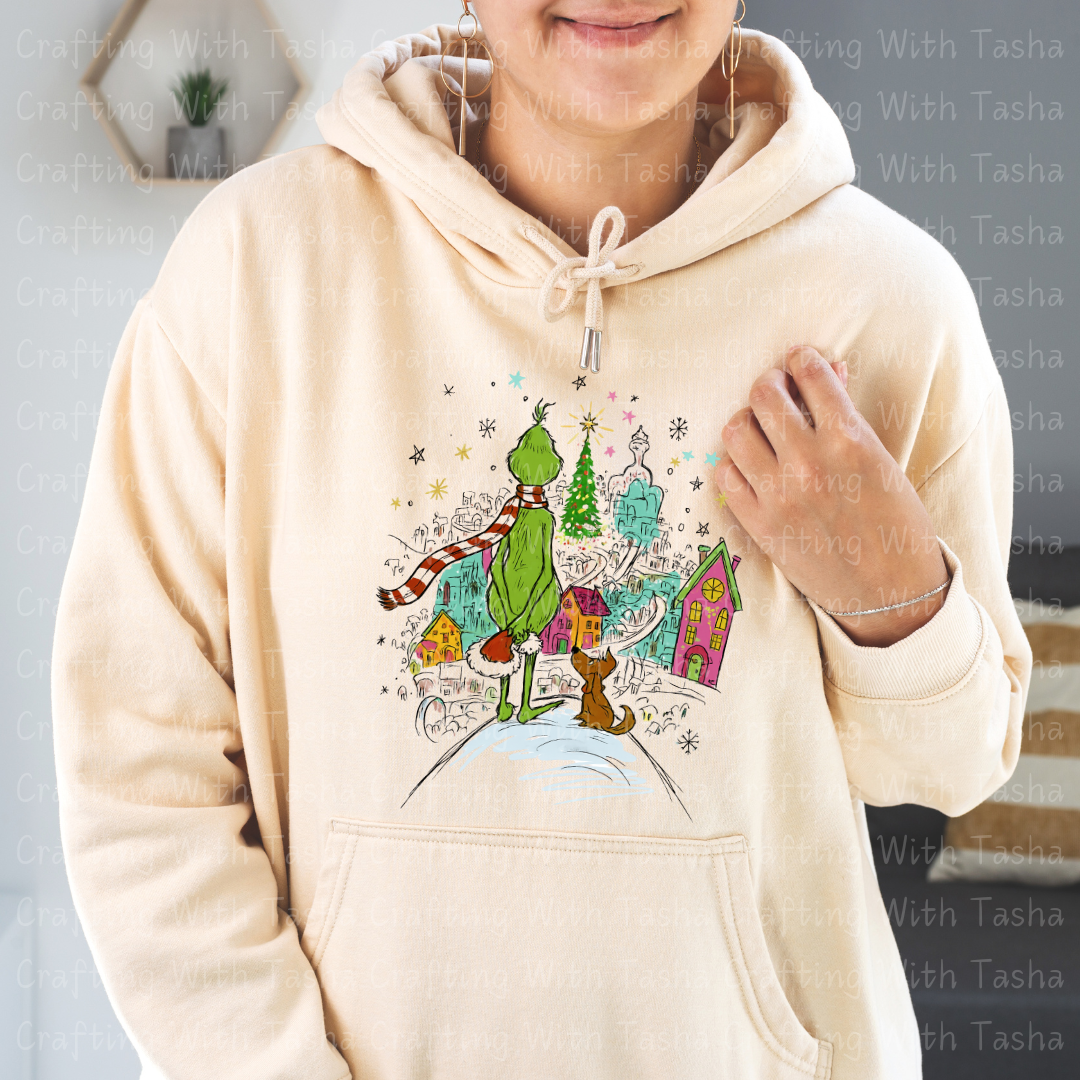 Green Christmas Character and Dog Overlooking Holiday Town Design – Customizable DTF Transfer, T-Shirt, Crew Neck, Hoodie, or Cup Transfer