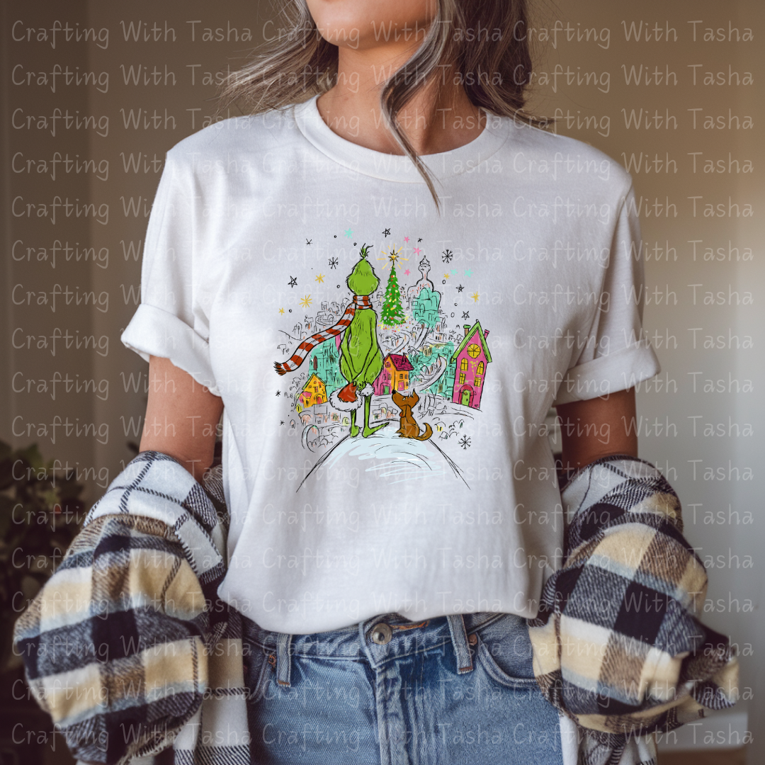 Green Christmas Character and Dog Overlooking Holiday Town Design – Customizable DTF Transfer, T-Shirt, Crew Neck, Hoodie, or Cup Transfer