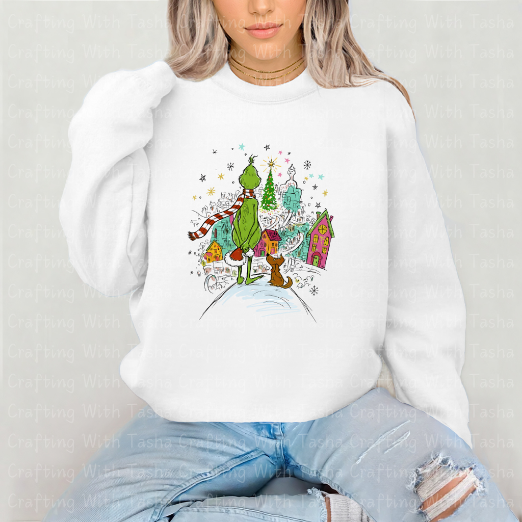 Green Christmas Character and Dog Overlooking Holiday Town Design – Customizable DTF Transfer, T-Shirt, Crew Neck, Hoodie, or Cup Transfer