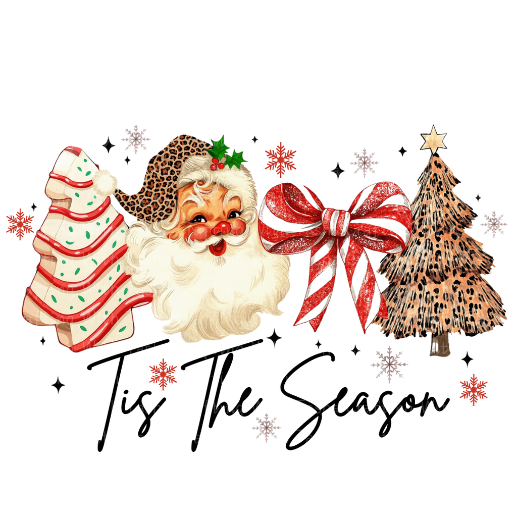 ’Tis The Season Retro Santa and Leopard Tree Christmas Design – Customizable DTF Transfer, T-Shirt, Crew Neck, Hoodie, or Cup Transfer