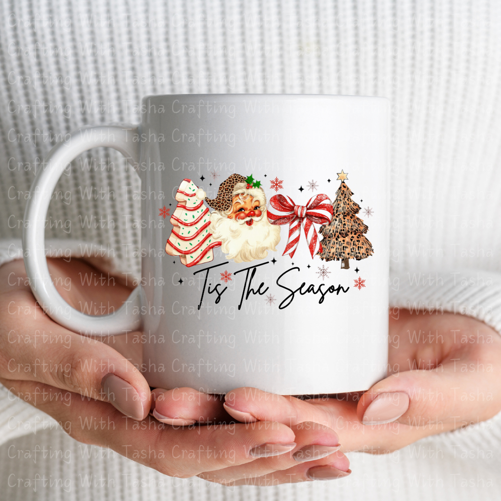 ’Tis The Season Retro Santa and Leopard Tree Christmas Design – Customizable DTF Transfer, T-Shirt, Crew Neck, Hoodie, or Cup Transfer