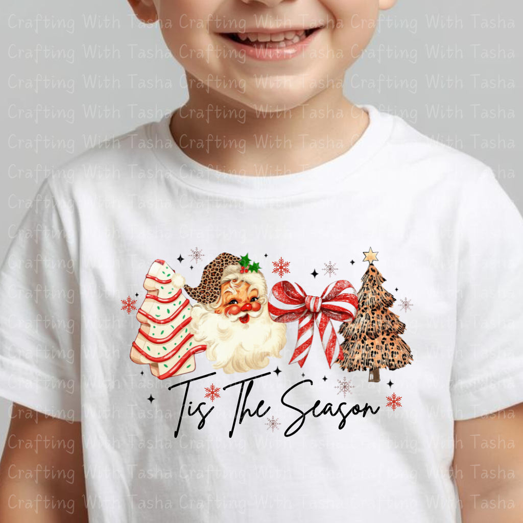 ’Tis The Season Retro Santa and Leopard Tree Christmas Design – Customizable DTF Transfer, T-Shirt, Crew Neck, Hoodie, or Cup Transfer