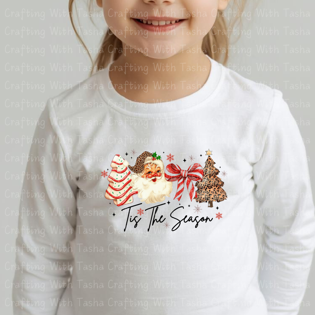 ’Tis The Season Retro Santa and Leopard Tree Christmas Design – Customizable DTF Transfer, T-Shirt, Crew Neck, Hoodie, or Cup Transfer