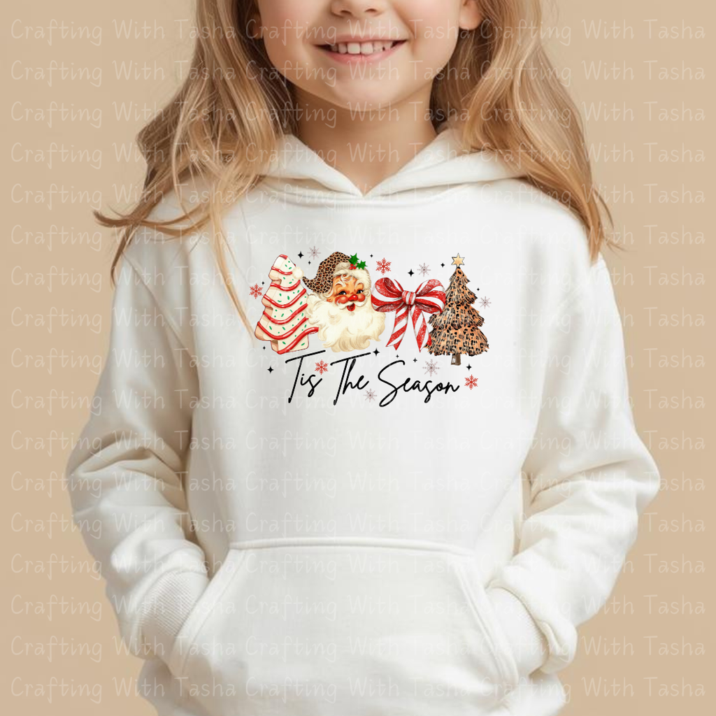 ’Tis The Season Retro Santa and Leopard Tree Christmas Design – Customizable DTF Transfer, T-Shirt, Crew Neck, Hoodie, or Cup Transfer