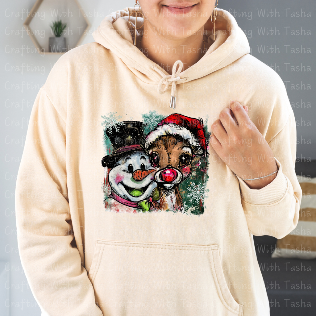Vintage Frosty and Rudolph Christmas Design – Customizable DTF Transfer, T-Shirt, Crew Neck, Hoodie, or Cup Transfer