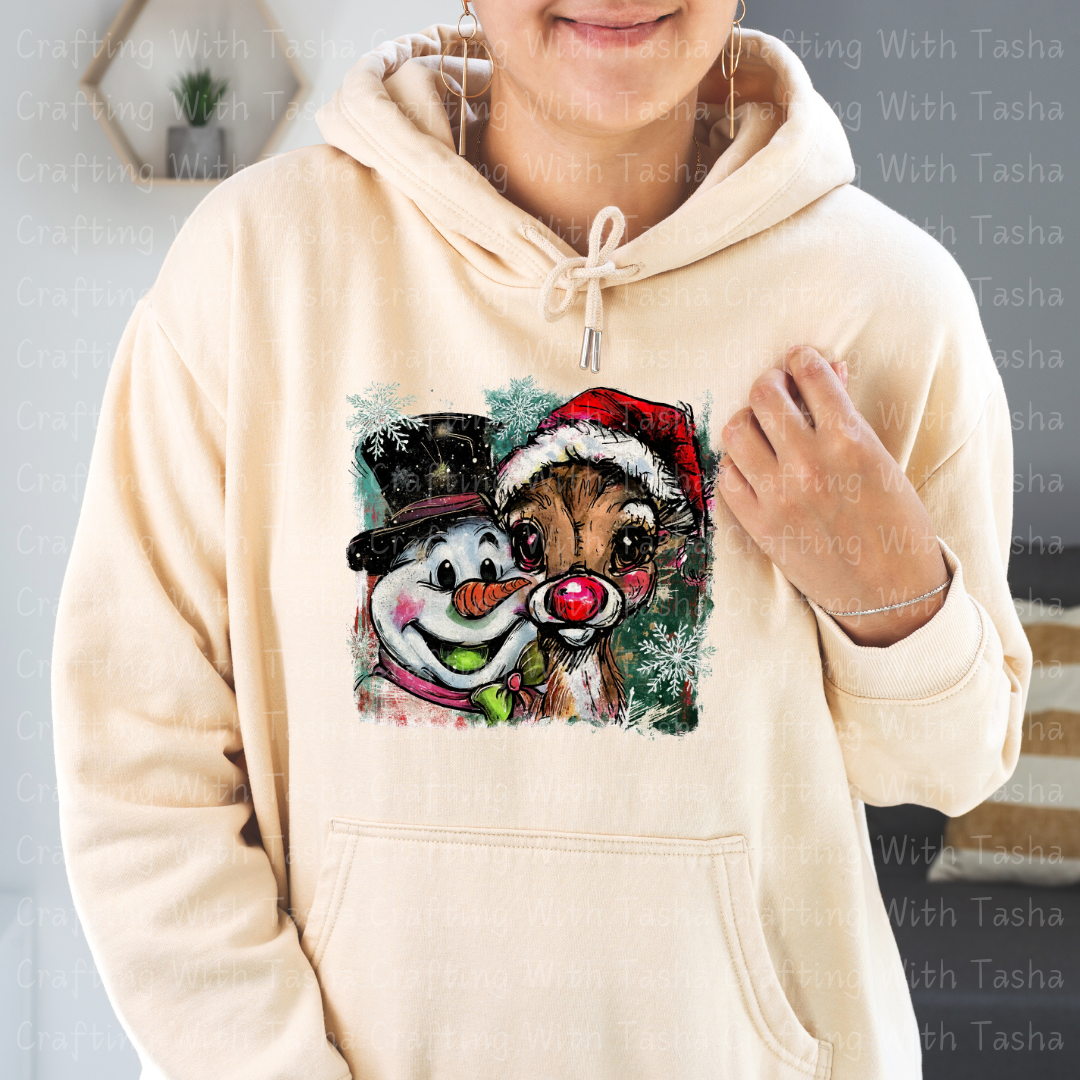 Vintage Frosty and Rudolph Christmas Design – Customizable DTF Transfer, T-Shirt, Crew Neck, Hoodie, or Cup Transfer