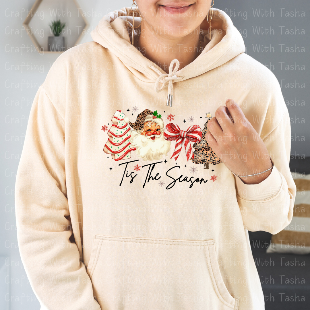 ’Tis The Season Retro Santa and Leopard Tree Christmas Design – Customizable DTF Transfer, T-Shirt, Crew Neck, Hoodie, or Cup Transfer