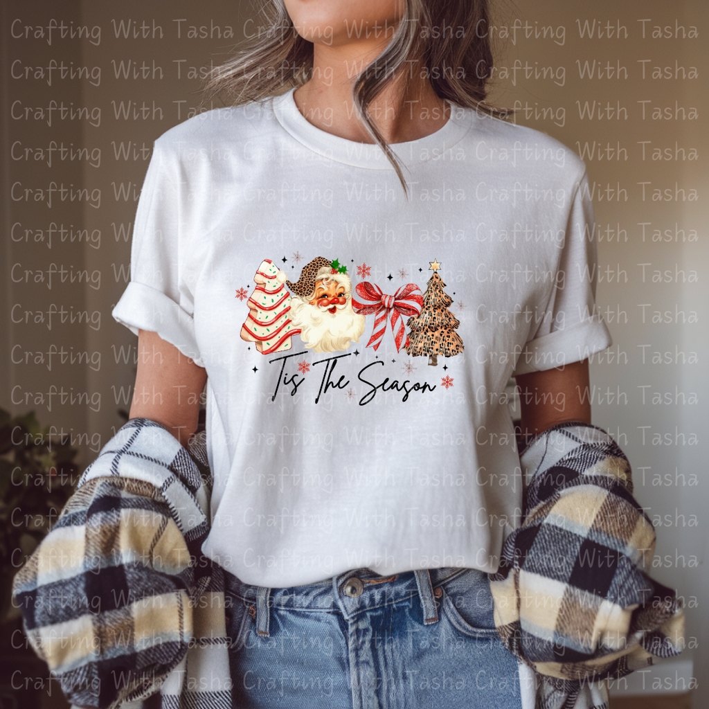 ’Tis The Season Retro Santa and Leopard Tree Christmas Design – Customizable DTF Transfer, T-Shirt, Crew Neck, Hoodie, or Cup Transfer