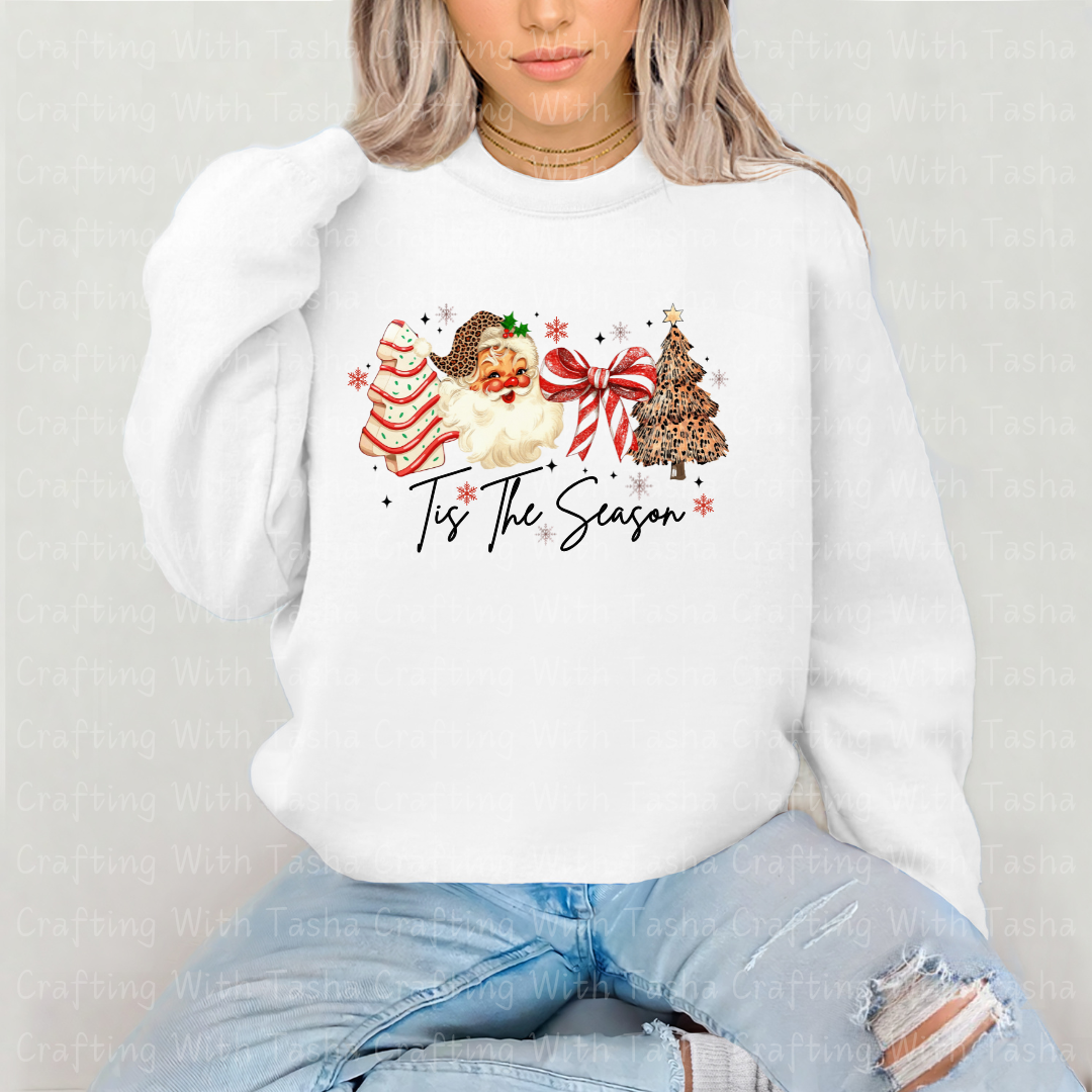 ’Tis The Season Retro Santa and Leopard Tree Christmas Design – Customizable DTF Transfer, T-Shirt, Crew Neck, Hoodie, or Cup Transfer