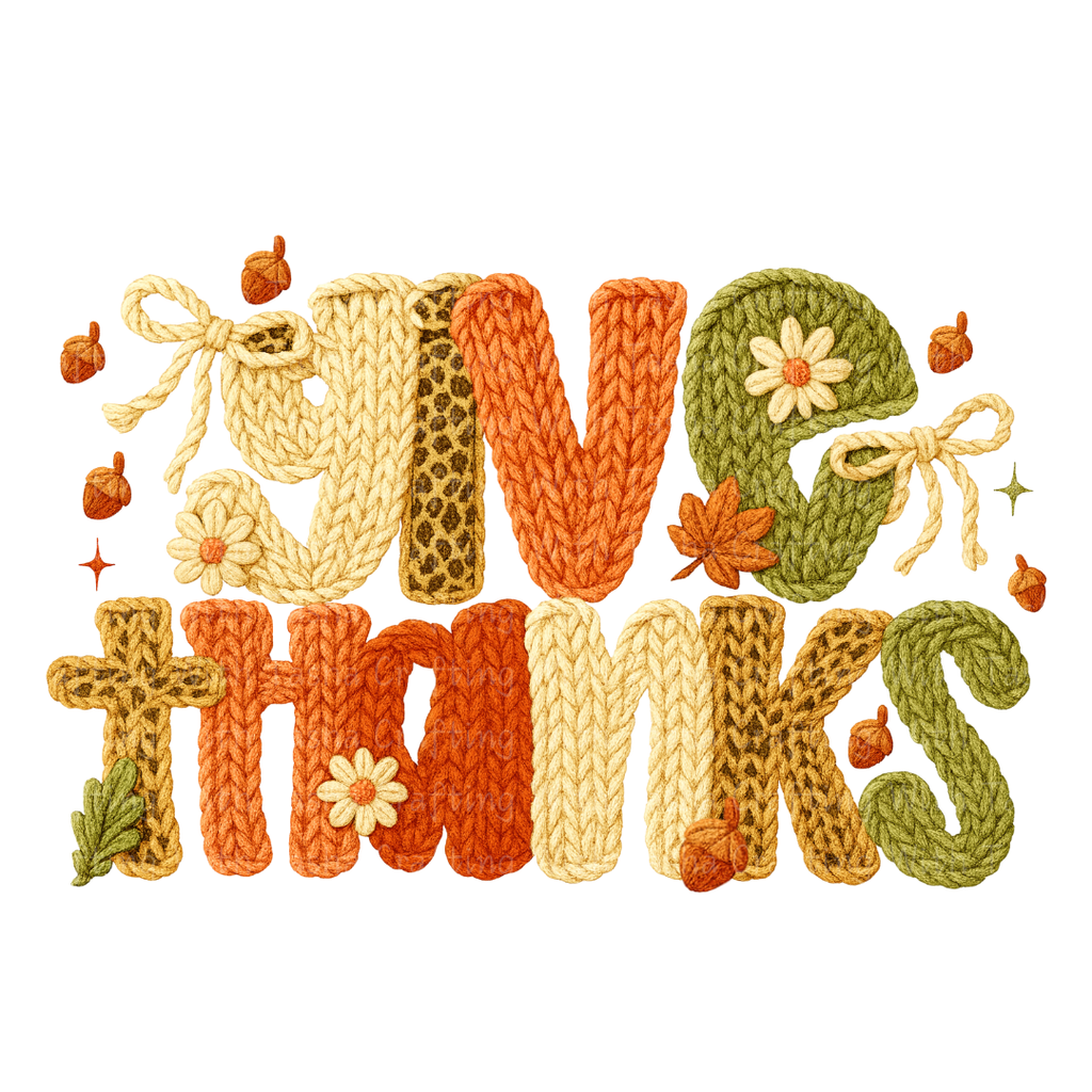 Give Thanks Cozy Knitted Fall Design – Customizable DTF Transfer, T-Shirt, Crew Neck, Hoodie, or Cup Transfer