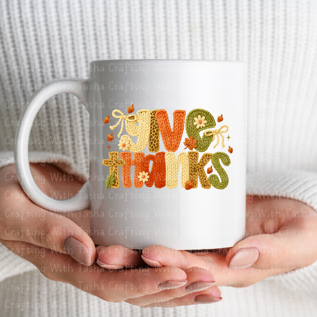 Give Thanks Cozy Knitted Fall Design – Customizable DTF Transfer, T-Shirt, Crew Neck, Hoodie, or Cup Transfer