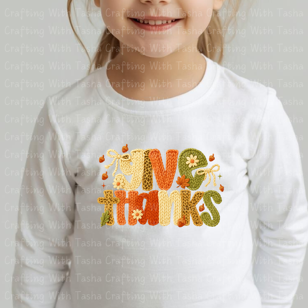 Give Thanks Cozy Knitted Fall Design – Customizable DTF Transfer, T-Shirt, Crew Neck, Hoodie, or Cup Transfer