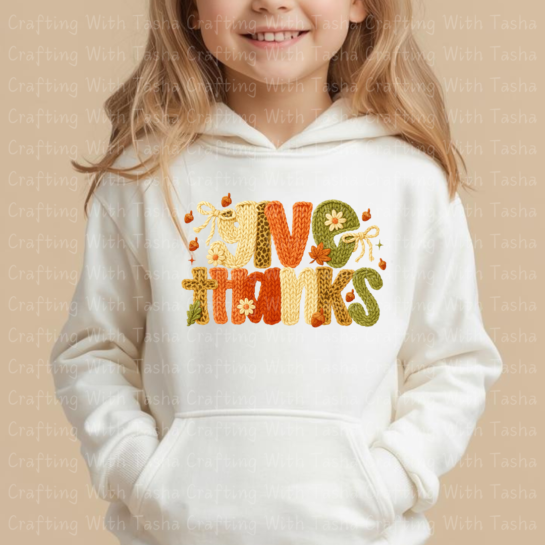 Give Thanks Cozy Knitted Fall Design – Customizable DTF Transfer, T-Shirt, Crew Neck, Hoodie, or Cup Transfer