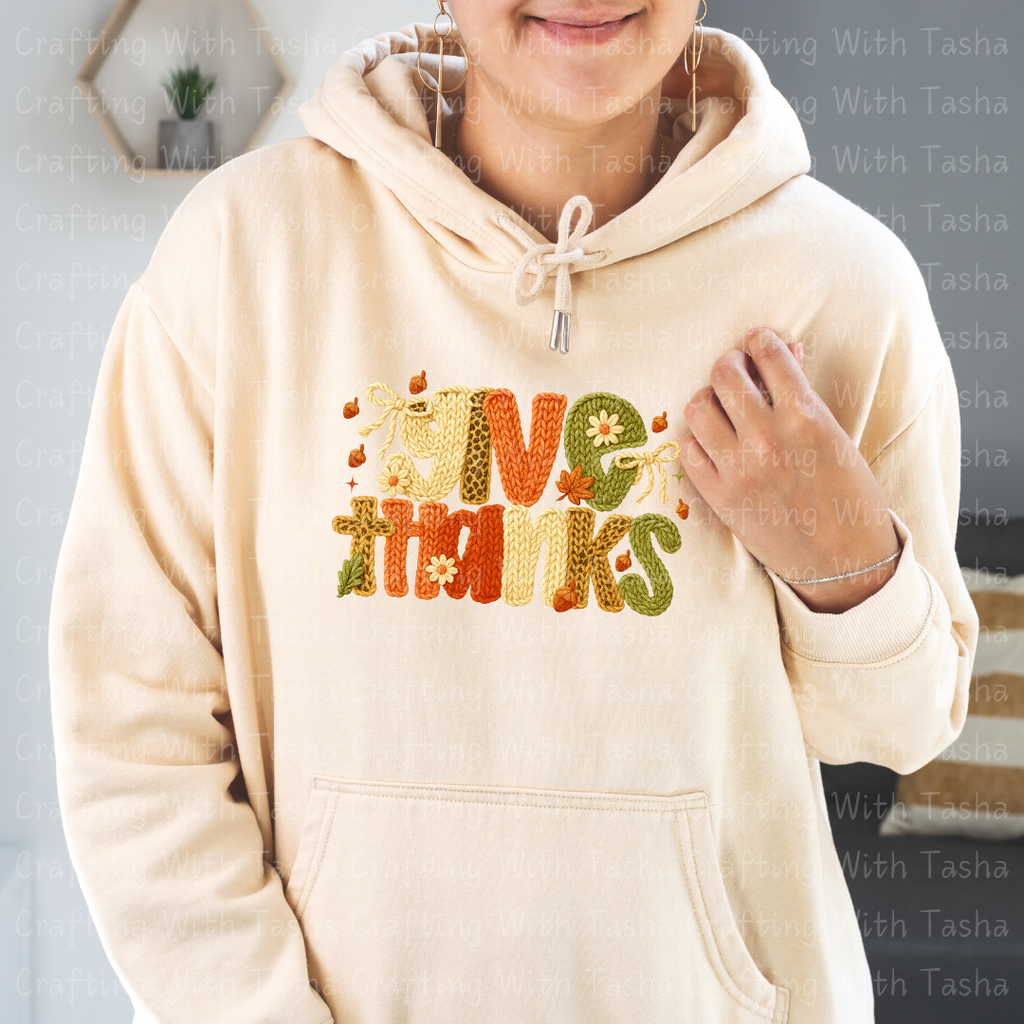 Give Thanks Cozy Knitted Fall Design – Customizable DTF Transfer, T-Shirt, Crew Neck, Hoodie, or Cup Transfer