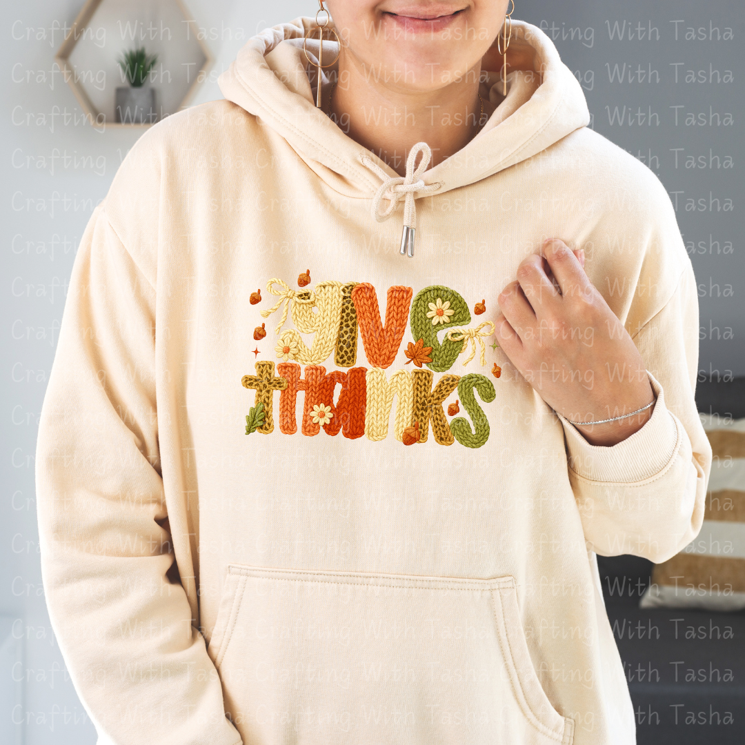 Give Thanks Cozy Knitted Fall Design – Customizable DTF Transfer, T-Shirt, Crew Neck, Hoodie, or Cup Transfer