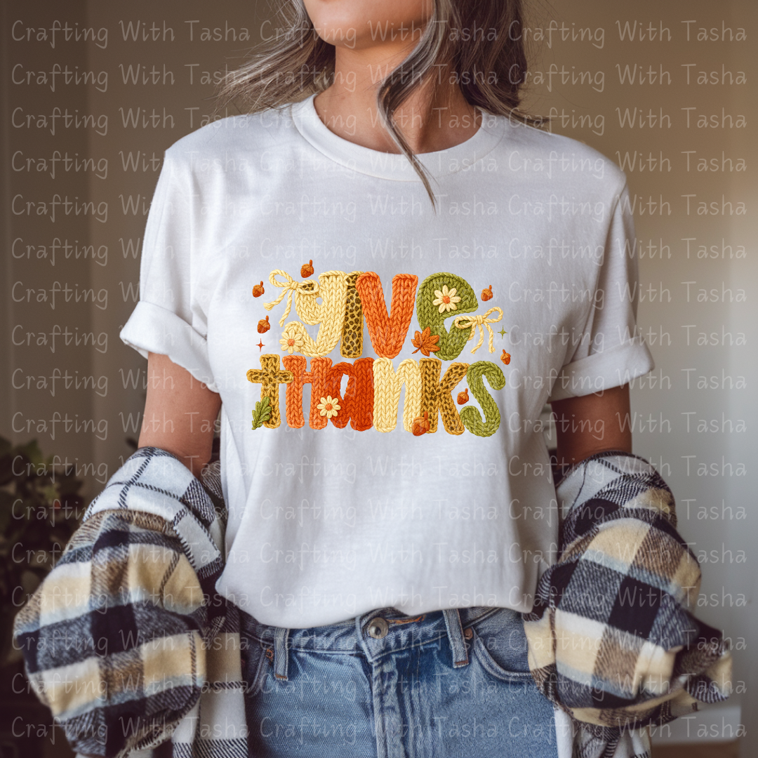 Give Thanks Cozy Knitted Fall Design – Customizable DTF Transfer, T-Shirt, Crew Neck, Hoodie, or Cup Transfer