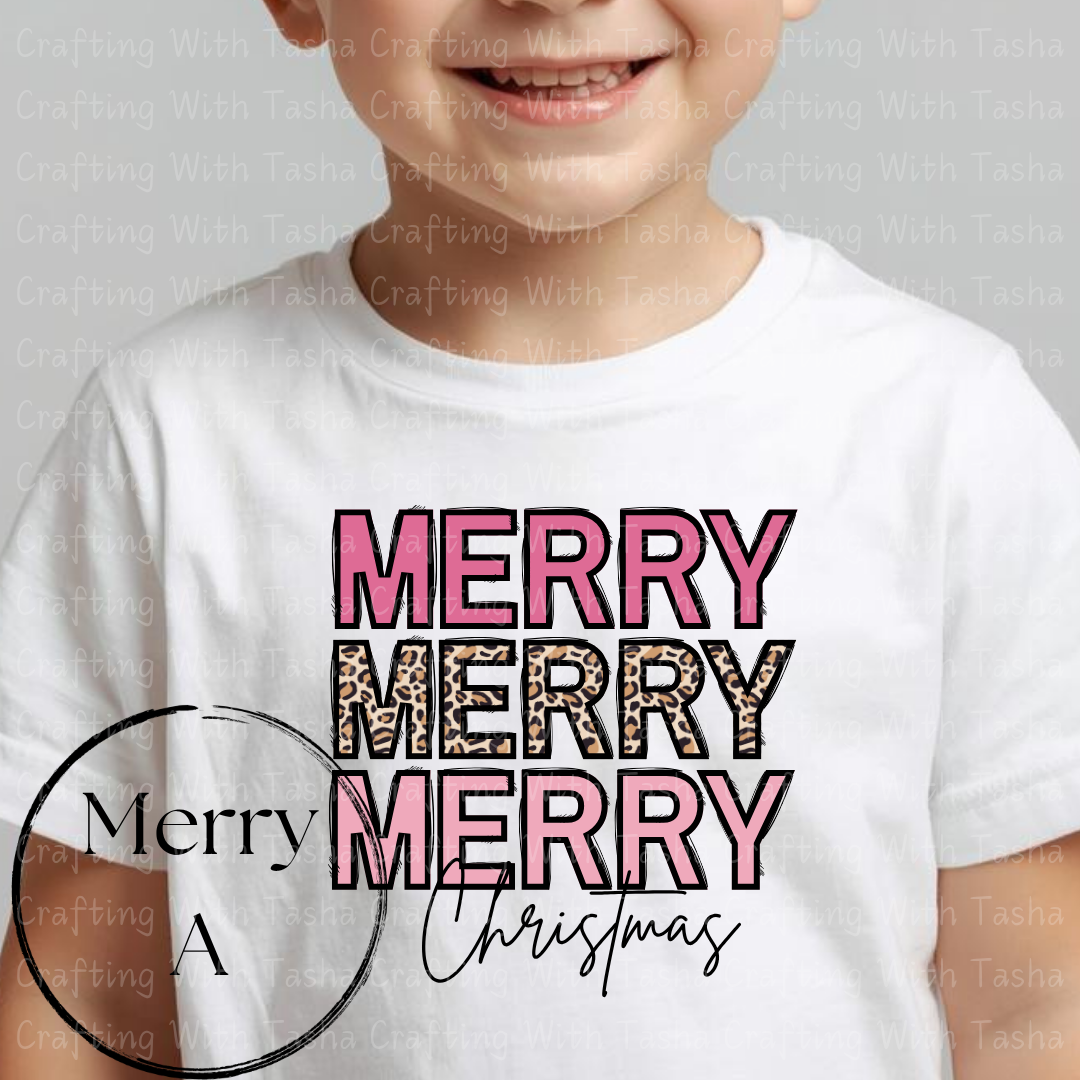 Merry Merry Merry Christmas Pink & Leopard Print Design – Customizable DTF Transfer, T-Shirt, Crew Neck, Hoodie, or Cup Transfer