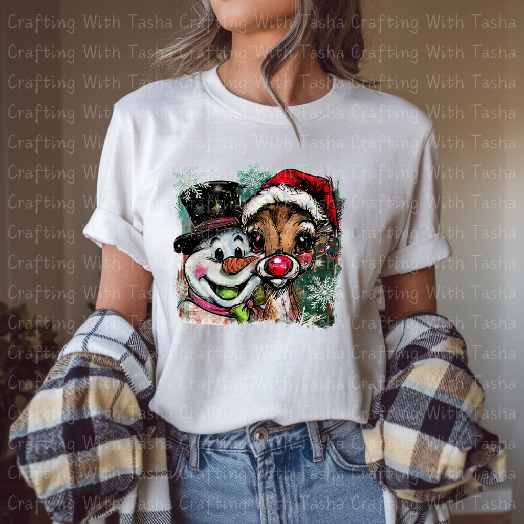 Vintage Frosty and Rudolph Christmas Design – Customizable DTF Transfer, T-Shirt, Crew Neck, Hoodie, or Cup Transfer