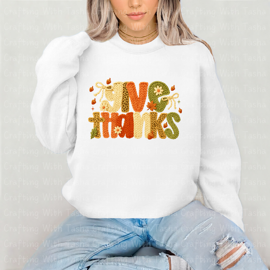 Give Thanks Cozy Knitted Fall Design – Customizable DTF Transfer, T-Shirt, Crew Neck, Hoodie, or Cup Transfer