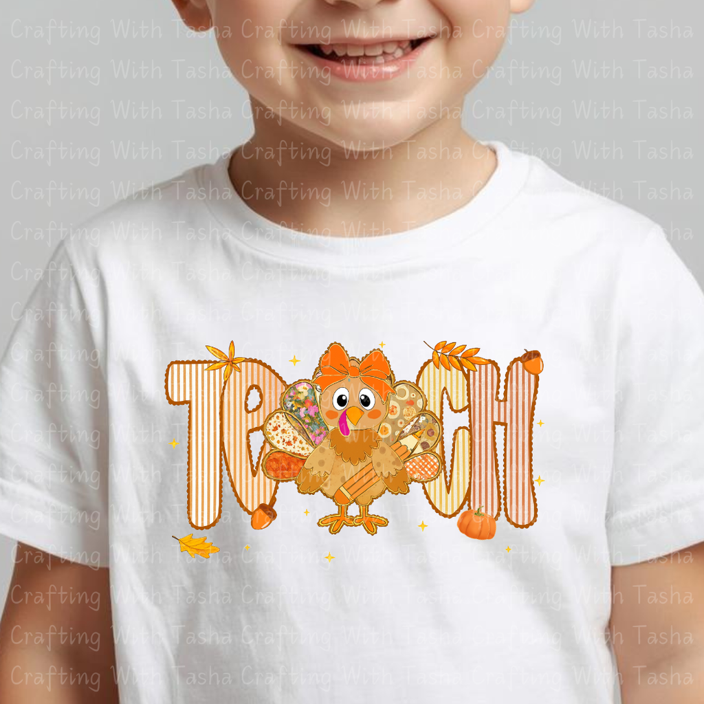 Teach Turkey Fall Design – Customizable DTF Transfer, T-Shirt, Crew Neck, Hoodie, or Cup Transfer